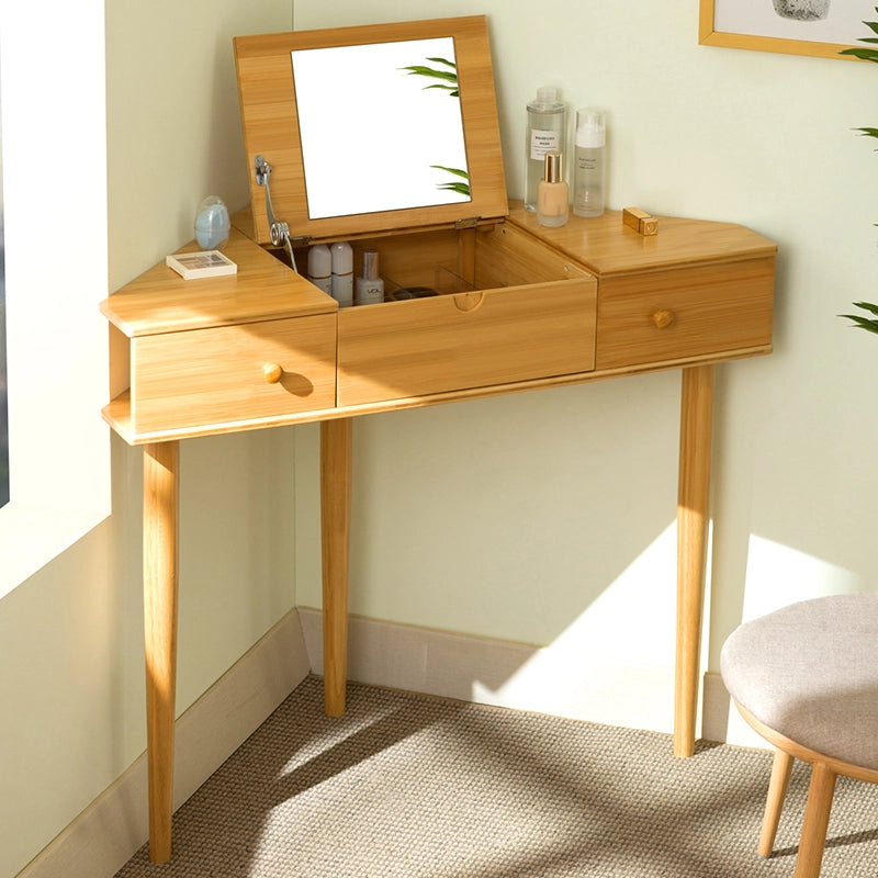 Corner Makeup Vanity Desk with Mirror and 3 Drawers for Small