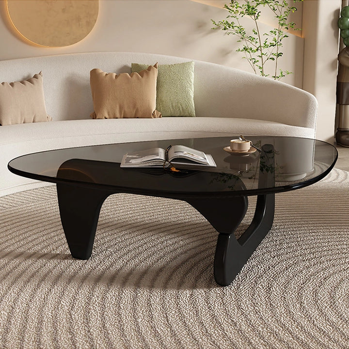 Modern Round Glass Coffee Table with Solid Wood Legs