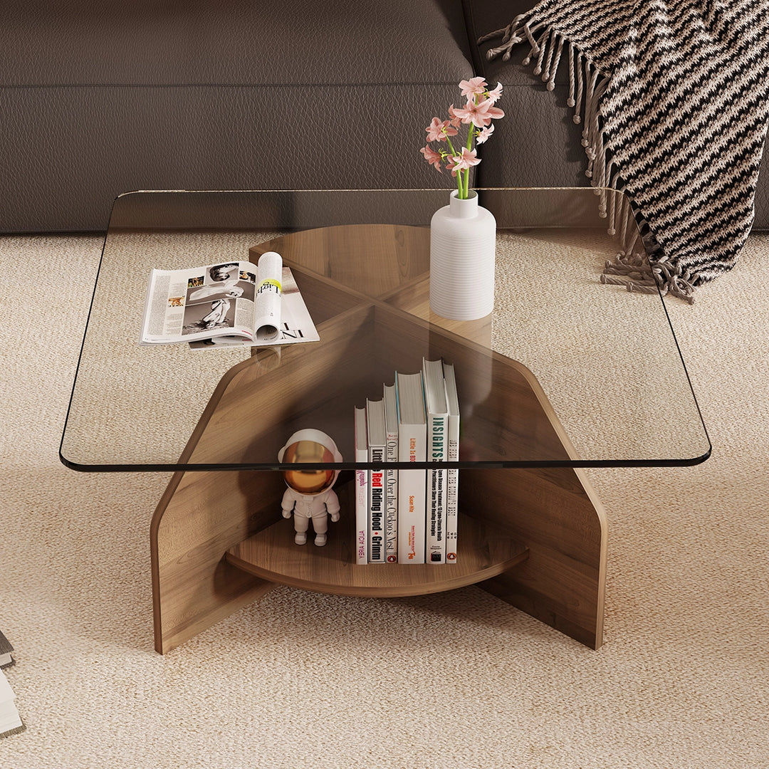 Modern Square Glass Coffee Table with Wood Storage Shelf