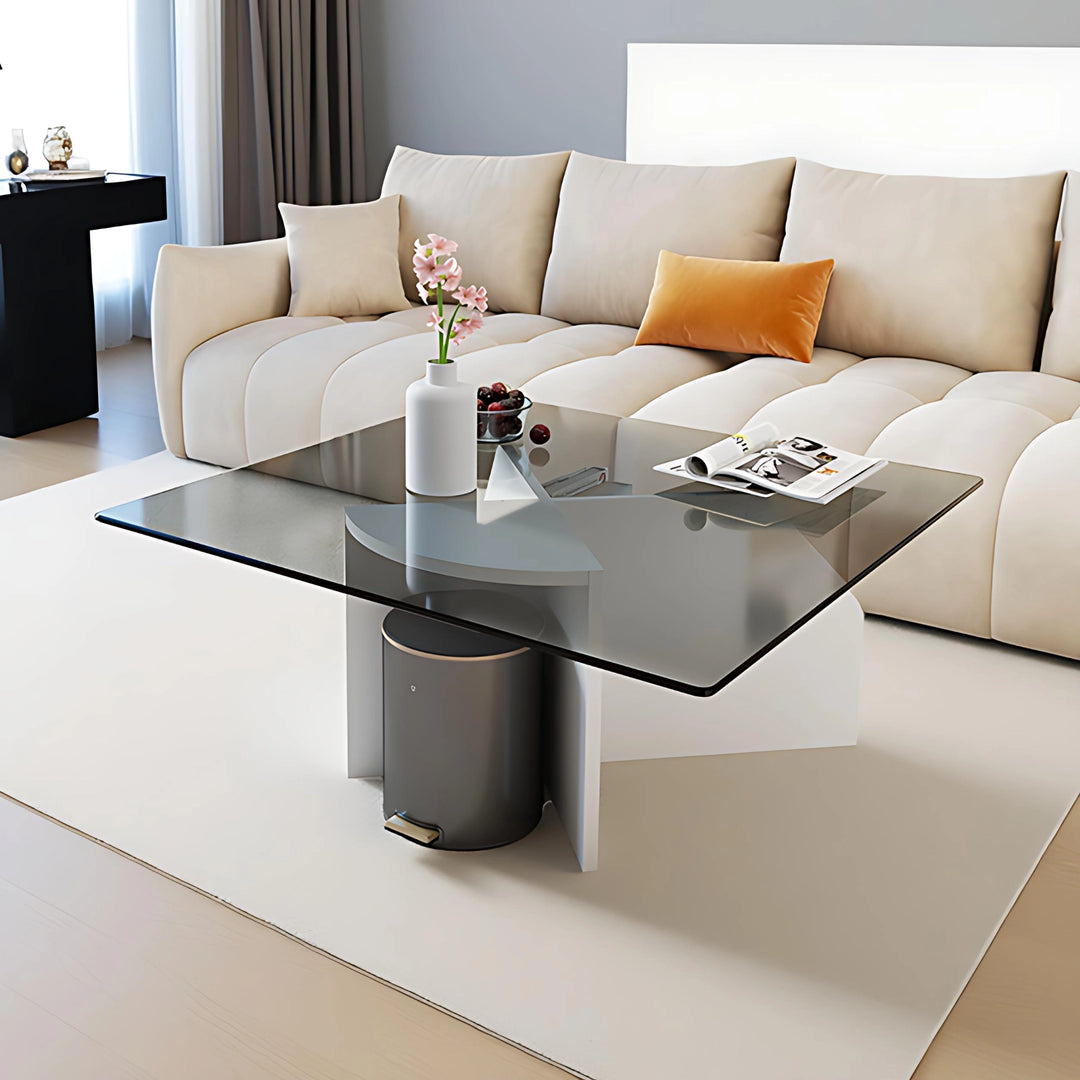 Modern Square Glass Coffee Table with Wood Storage Shelf