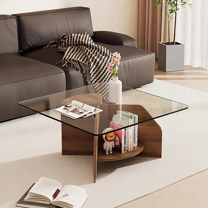 Modern Square Glass Coffee Table with Wood Storage Shelf