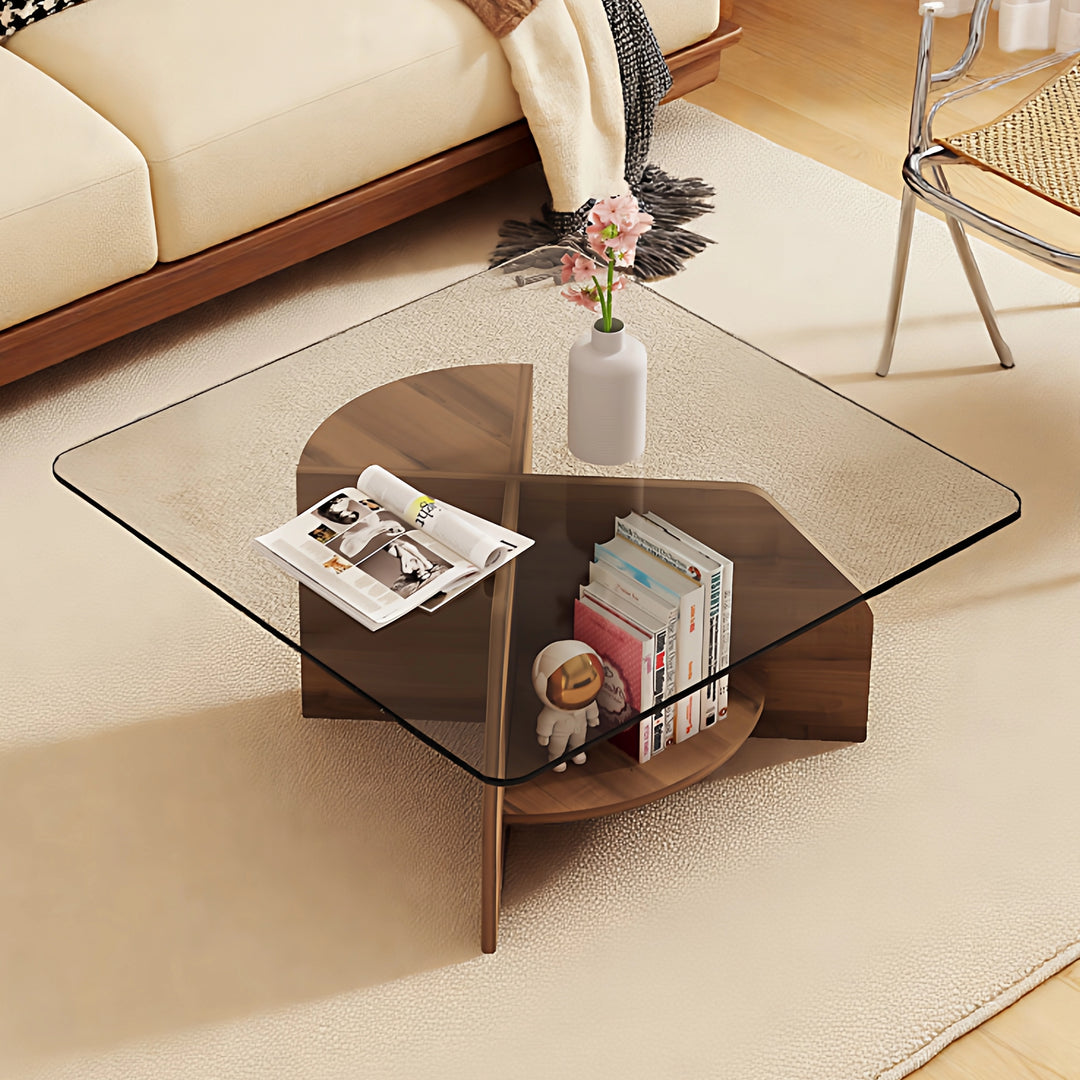 Modern Square Glass Coffee Table with Wood Storage Shelf