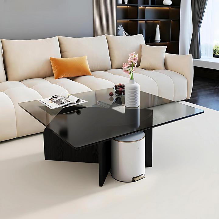 Modern Square Glass Coffee Table with Wood Storage Shelf