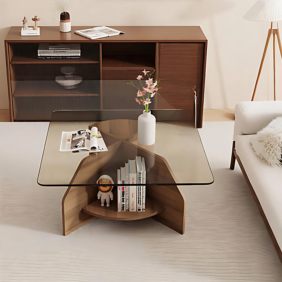 Modern Square Glass Coffee Table with Wood Storage Shelf