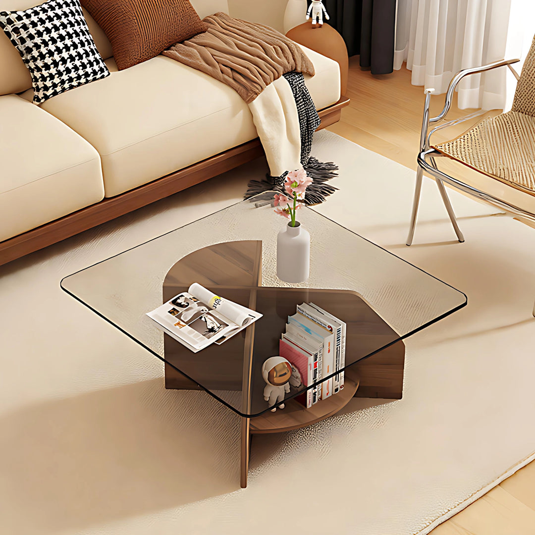 Modern Square Glass Coffee Table with Wood Storage Shelf