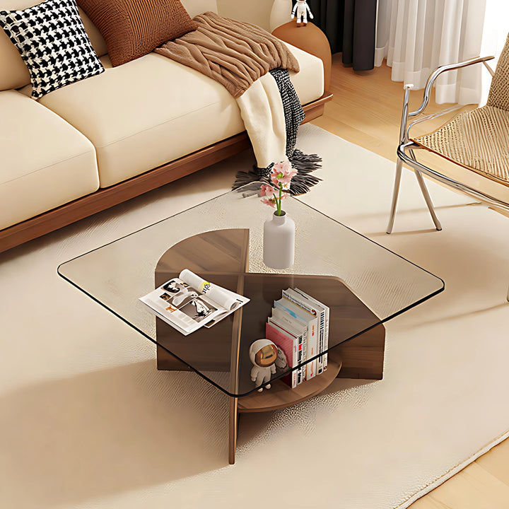 Modern Square Glass Coffee Table with Wood Storage Shelf