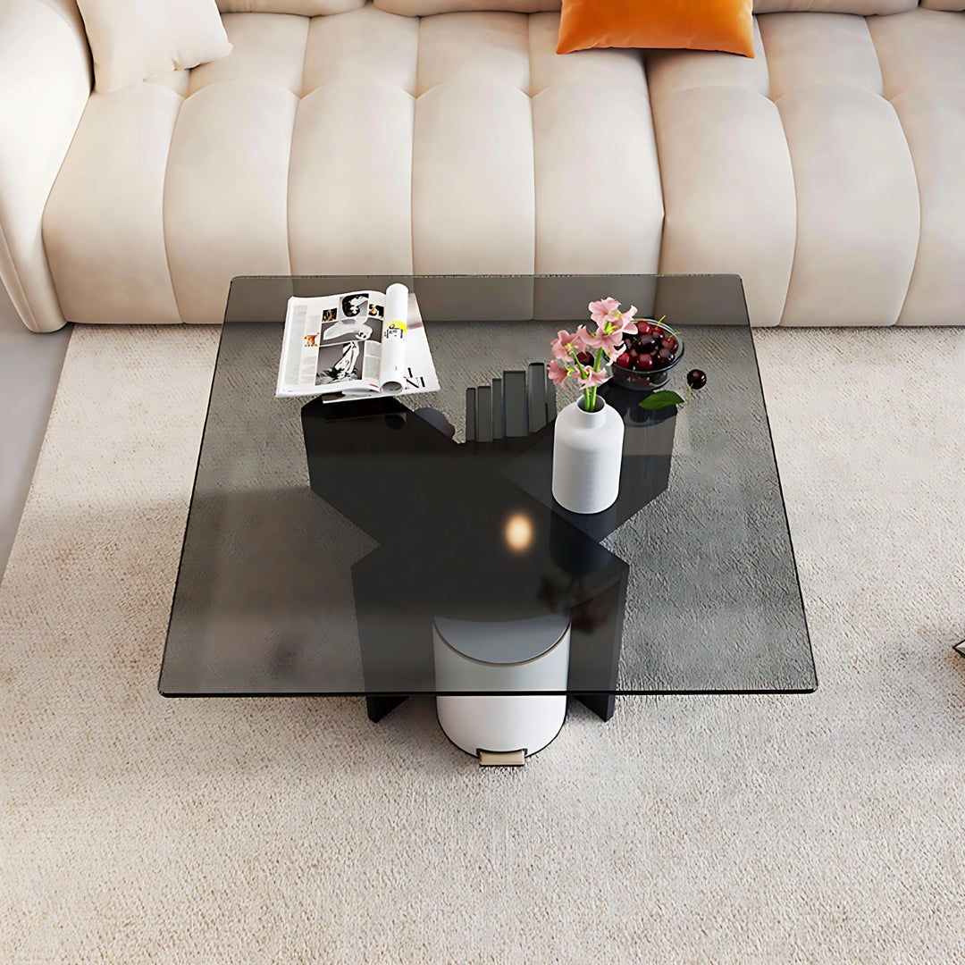 Modern Square Glass Coffee Table with Wood Storage Shelf