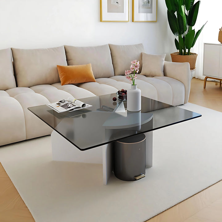Modern Square Glass Coffee Table with Wood Storage Shelf