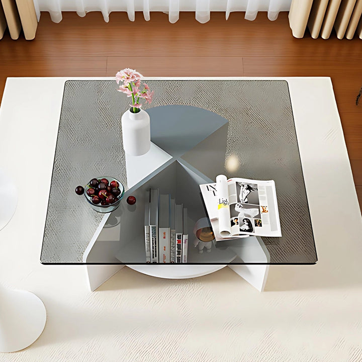 Modern Square Glass Coffee Table with Wood Storage Shelf