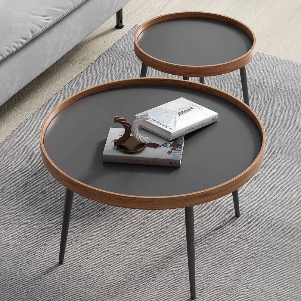 Modern Wooden Round Coffee Table Set with Metal Base – Zwob