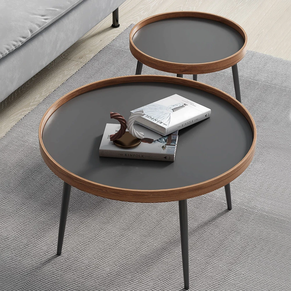 Modern Wooden Round Coffee Table Set with Metal Base