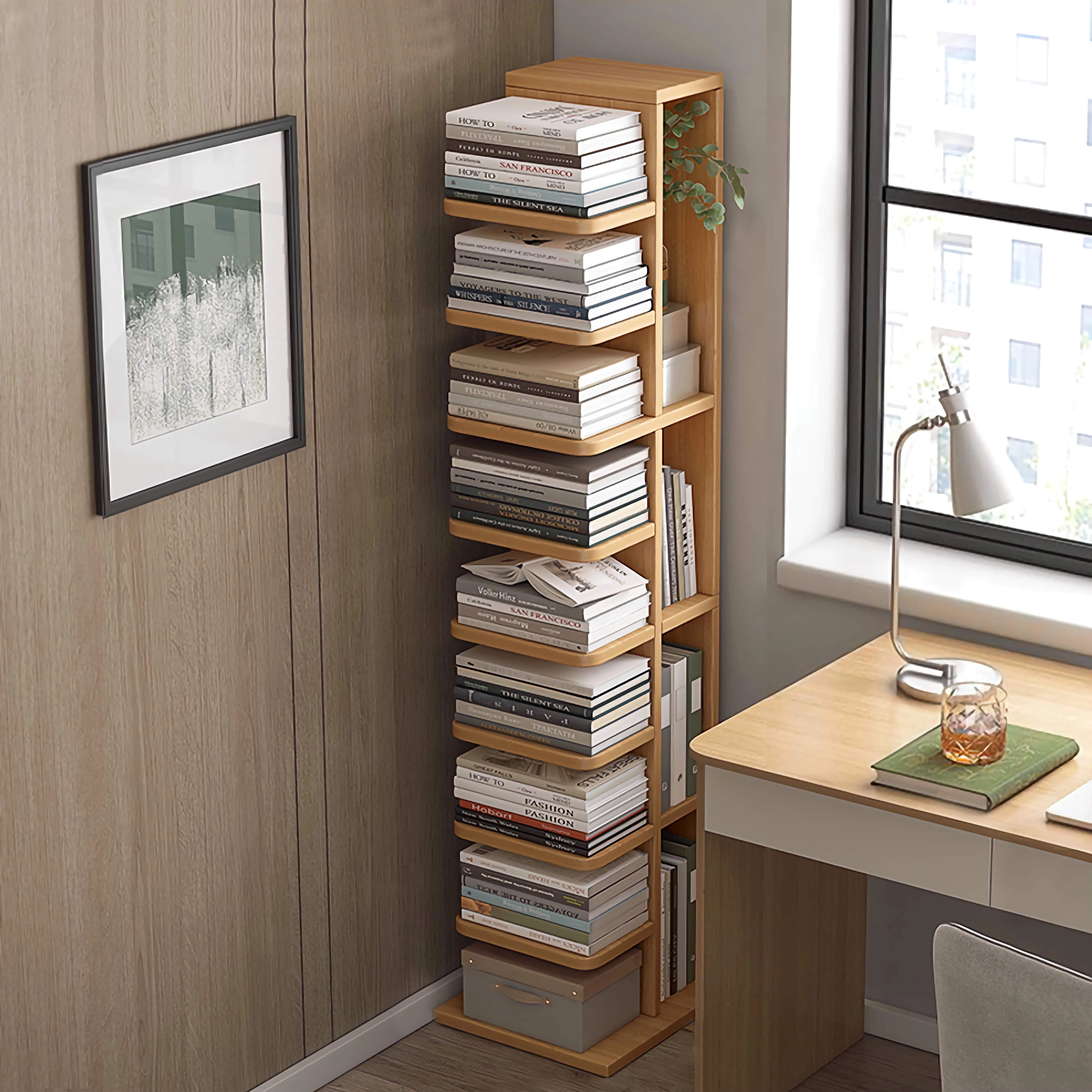 Narrow Wooden Corner Bookshelf 9-Shelf Bookcase with Storage – Zwob