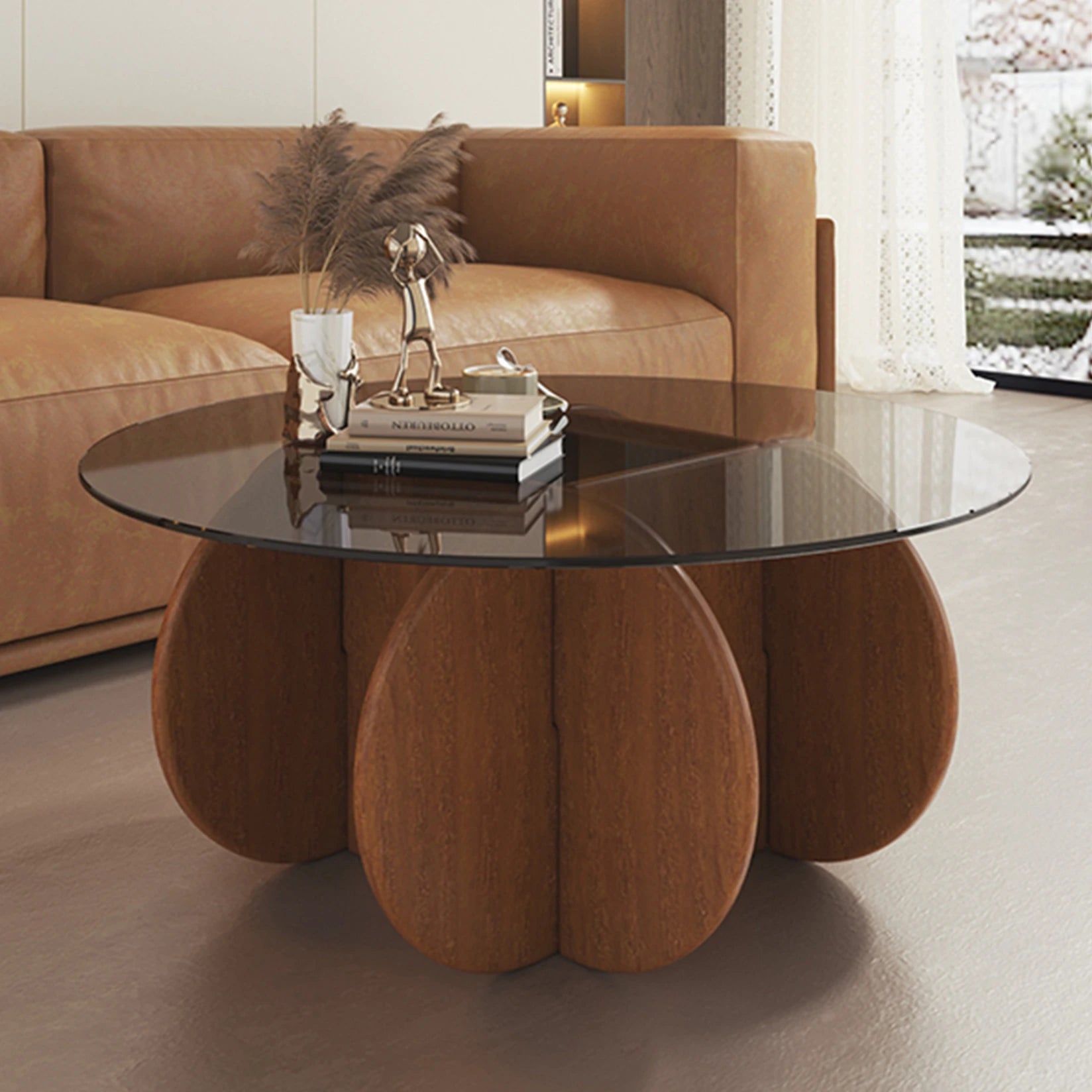 Round Glass Coffee Table with Wood Base for Living Room – Zwob