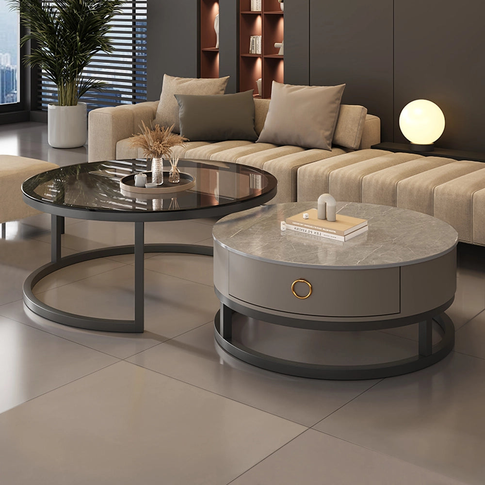 Round Nesting Faux Marble and Glass Coffee Table Set