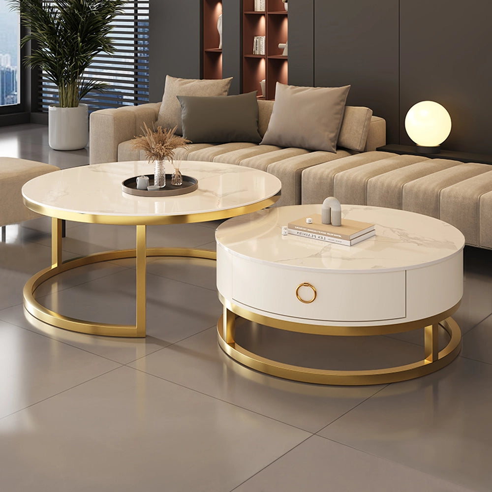 Round Nesting Faux Marble and Glass Coffee Table Set