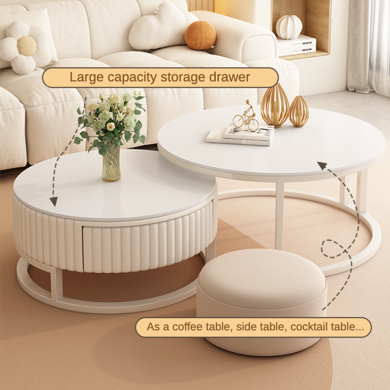 Set of 2 White Faux Marble Coffee Tables with Storage Drawer