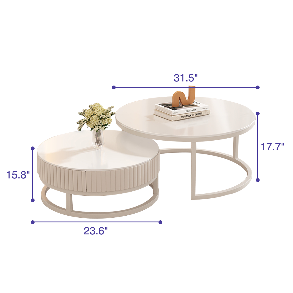 Set of 2 White Faux Marble Coffee Tables with Storage Drawer