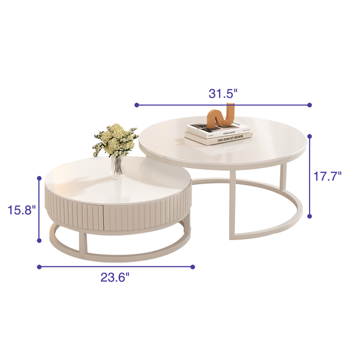 Set of 2 White Faux Marble Coffee Tables with Storage Drawer