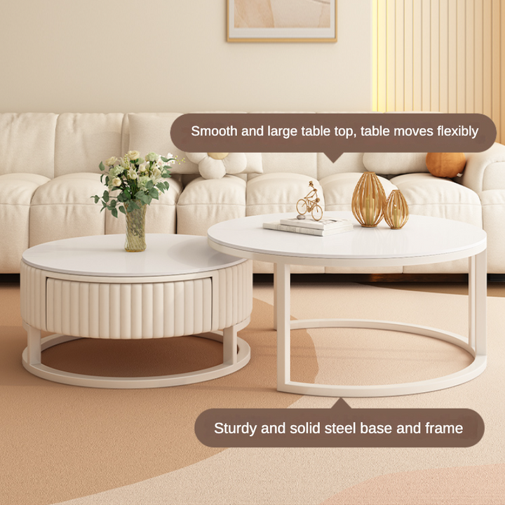 Set of 2 White Faux Marble Coffee Tables with Storage Drawer