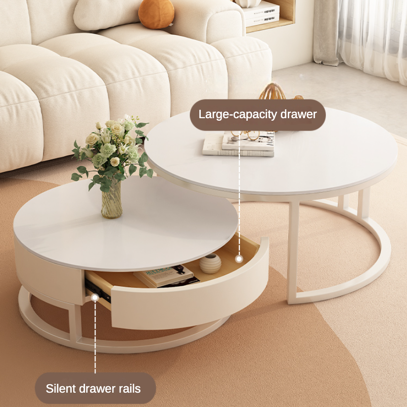 Set of 2 White Faux Marble Coffee Tables with Storage Drawer