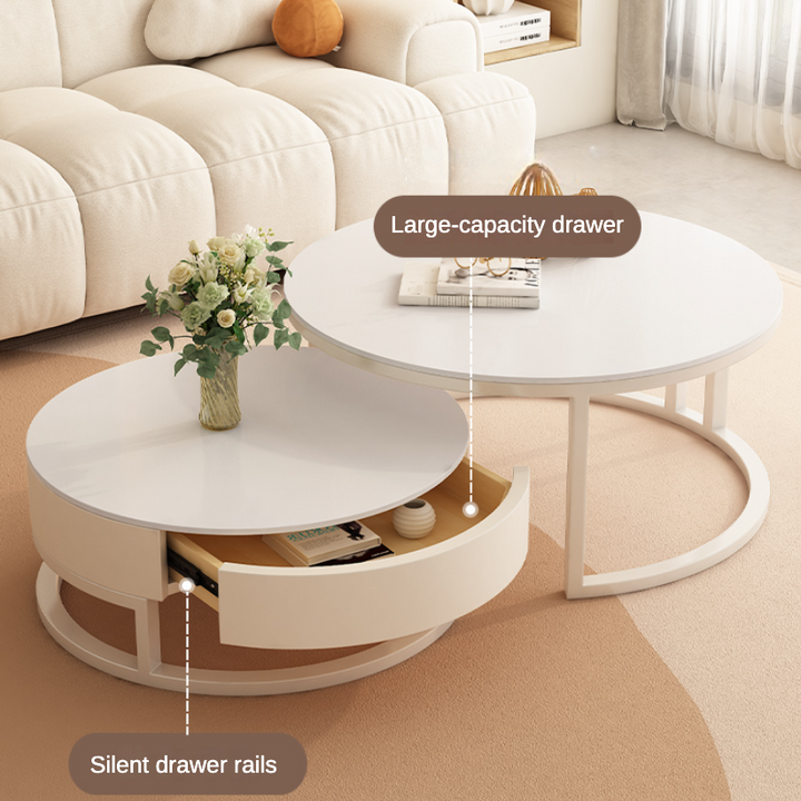 Set of 2 White Faux Marble Coffee Tables with Storage Drawer