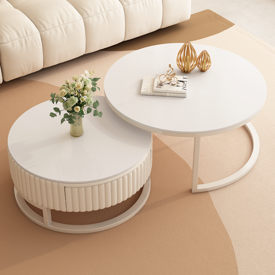 Set of 2 White Faux Marble Coffee Tables with Storage Drawer