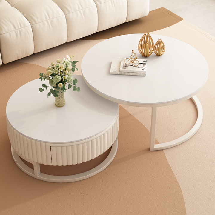 Set of 2 White Faux Marble Coffee Tables with Storage Drawer