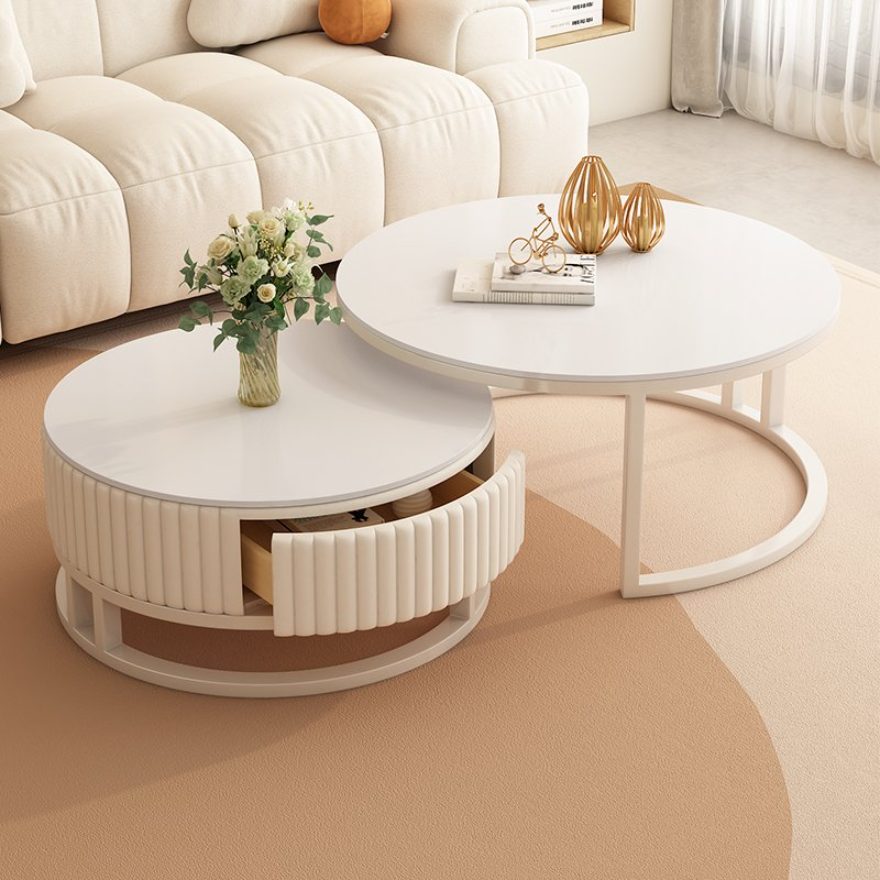 Set of 2 White Faux Marble Coffee Tables with Storage Drawer