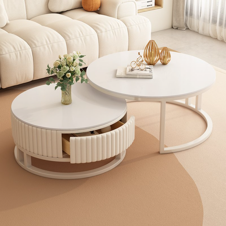 Set of 2 White Faux Marble Coffee Tables with Storage Drawer