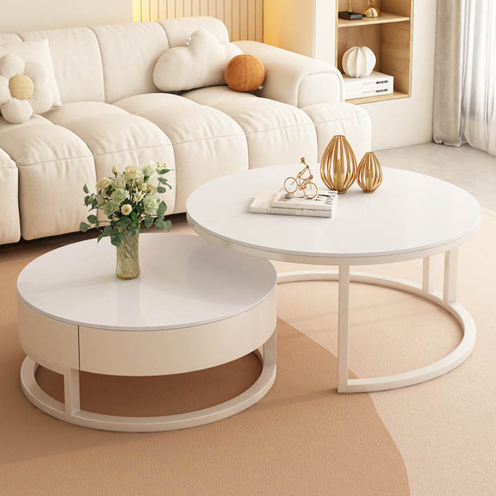 Set of 2 White Faux Marble Coffee Tables with Storage Drawer