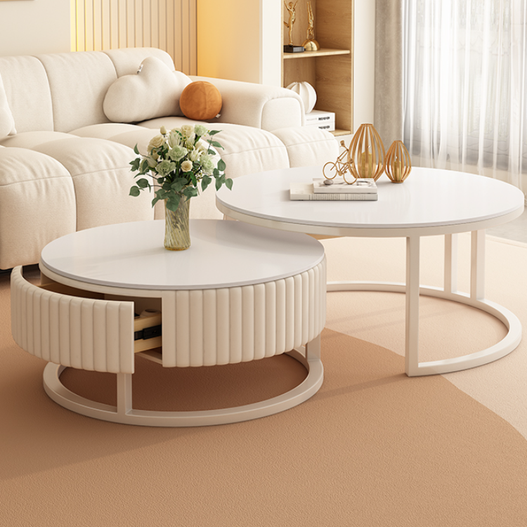 Set of 2 White Faux Marble Coffee Tables with Storage Drawer
