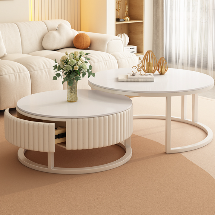 Set of 2 White Faux Marble Coffee Tables with Storage Drawer