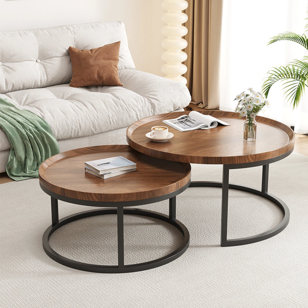 Set of 2 Wood Nesting Coffee Tables with Metal Base