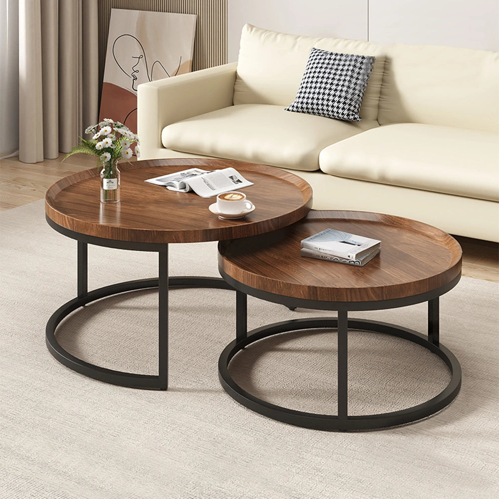 Set of 2 Wood Nesting Coffee Tables with Metal Base