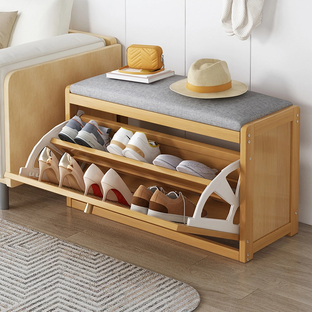 Shoe Storage Bench with Flip Drawer and Padded Cushion