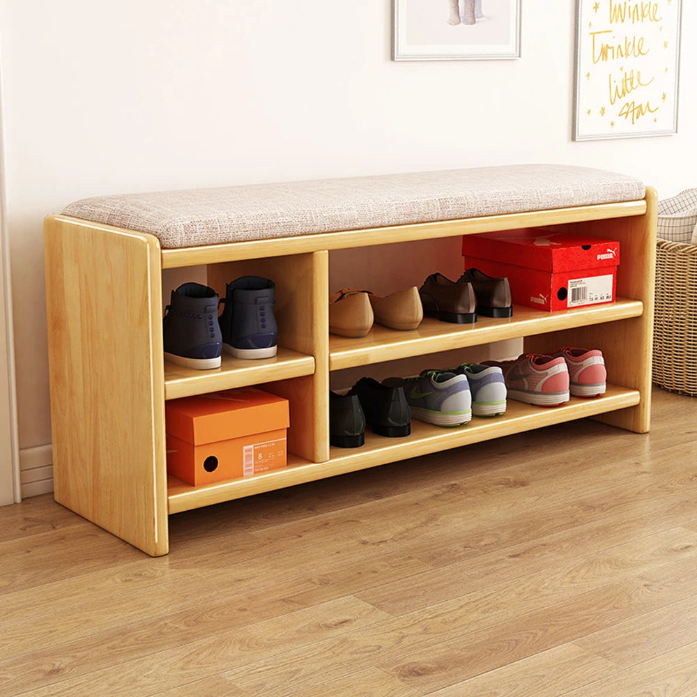 Simple Solid Wood Shoe Storage Bench with Cushion for Hallway