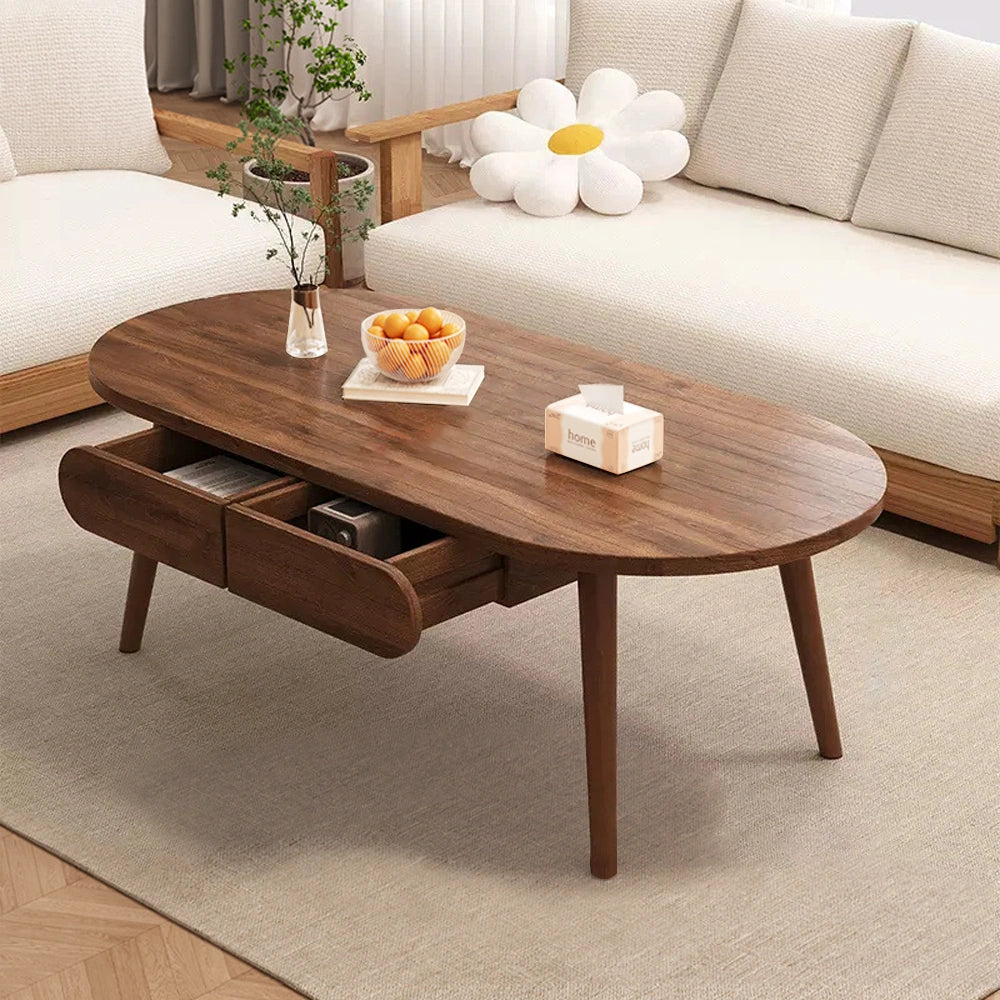 Solid Wood Round Coffee Table with Storage Drawers