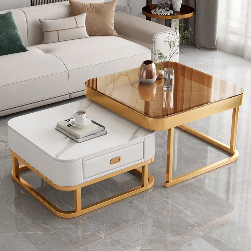 Square Nesting Faux Marble Coffee Table Set with Storage Drawer