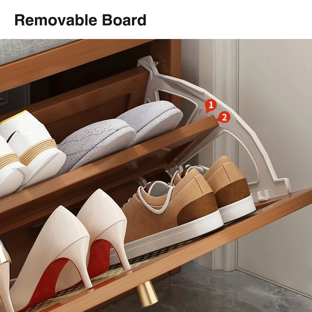 Shoe Storage Bench with Flip Drawer and Padded Cushion