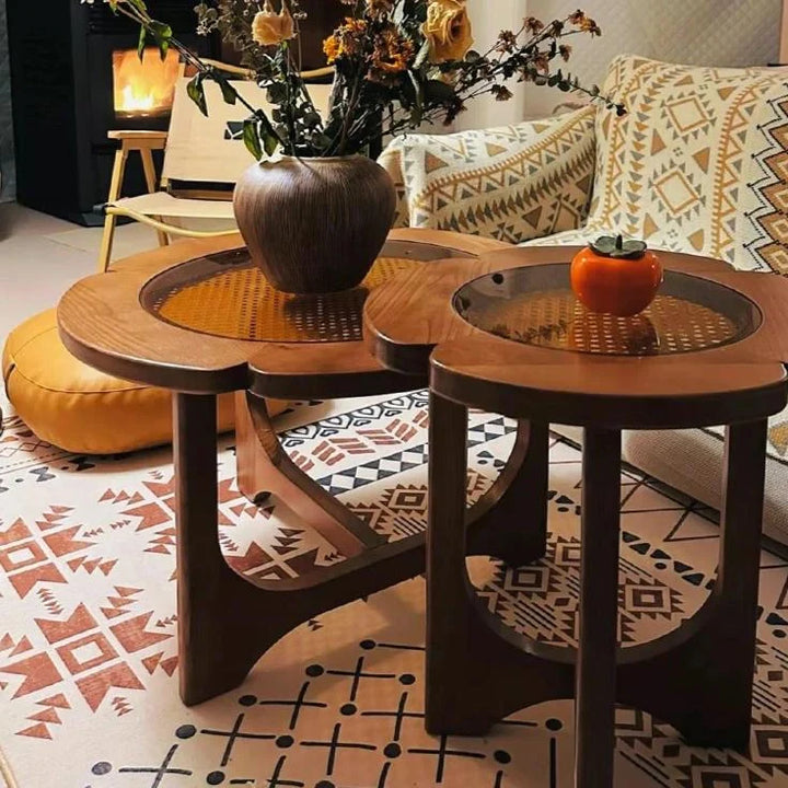 Mid Century Rattan Wood Nesting Coffee Table Round Table