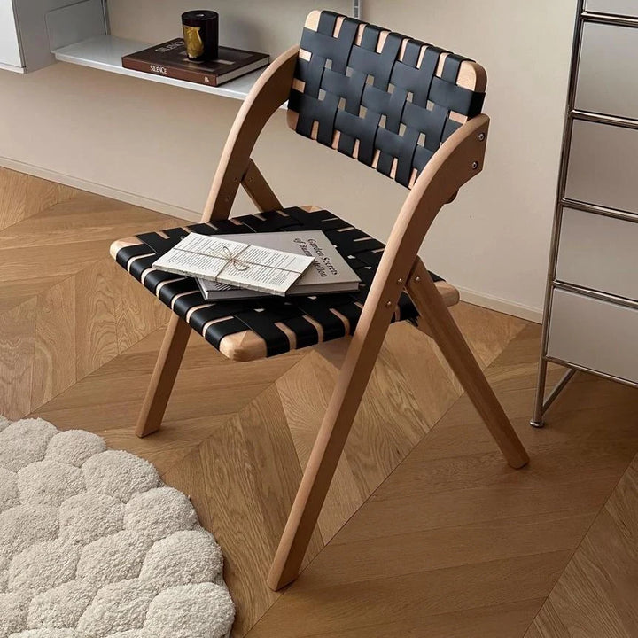 Vintage Solid Wood Folding Chair with Saddle Leather