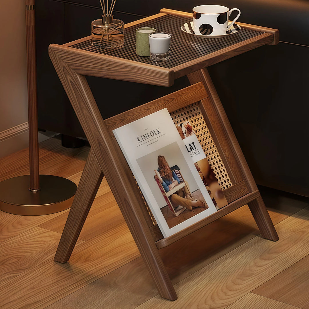Wooden Glass Top Side Table Faux Rattan Shelf Accent Table
