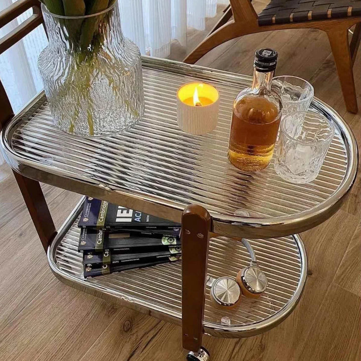 Mid-Century Solid Wood and Glass Rolling Cart for Living Room