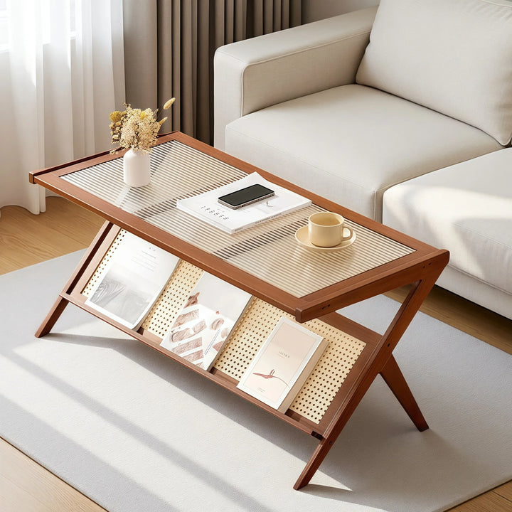 Solid Square Glass Coffee Table with Faux Rattan Shelf