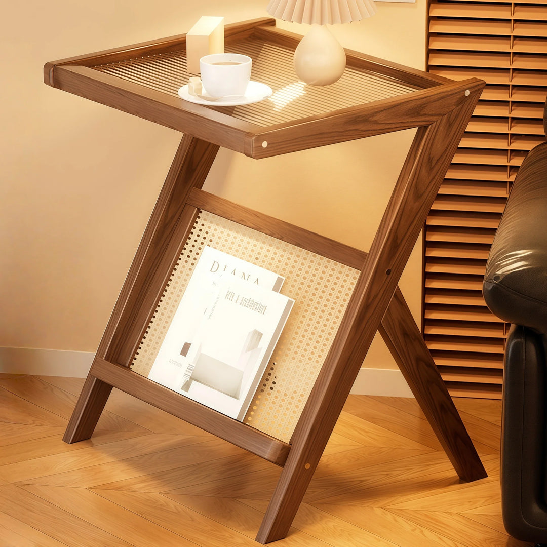 Wooden Glass Top Side Table Faux Rattan Shelf Accent Table