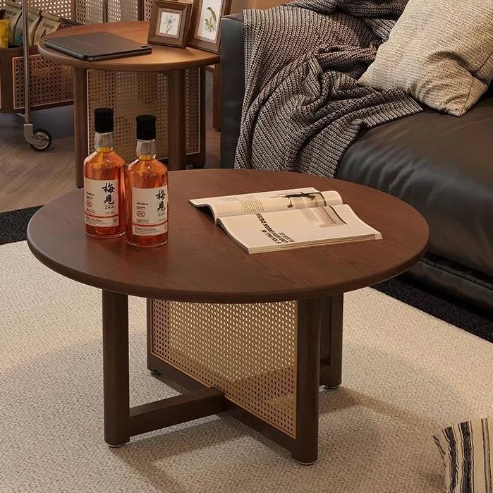 Vintage Natural Rattan Solid Wood Round Coffee Table