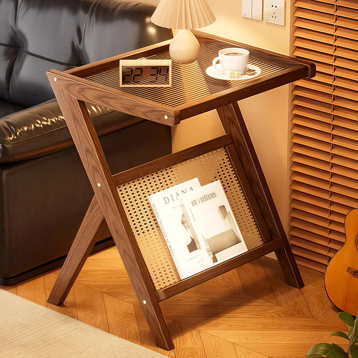 Wooden Glass Top Side Table Faux Rattan Shelf Accent Table