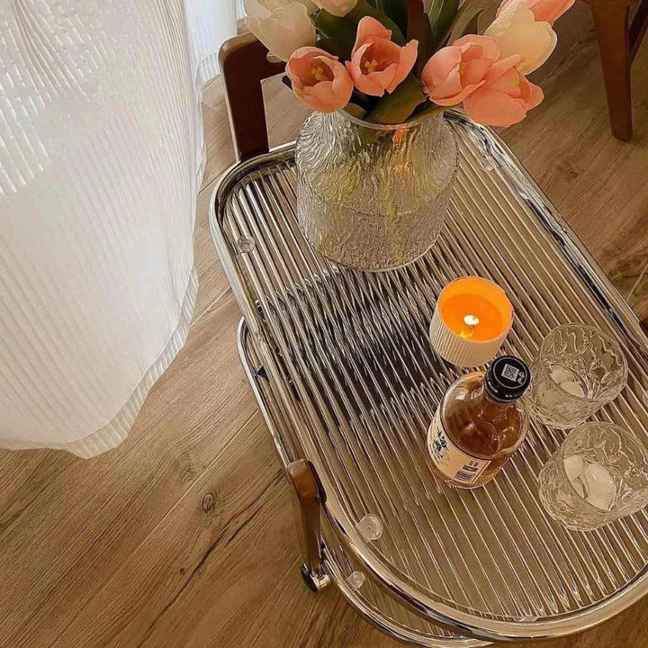 Mid-Century Solid Wood and Glass Rolling Cart for Living Room