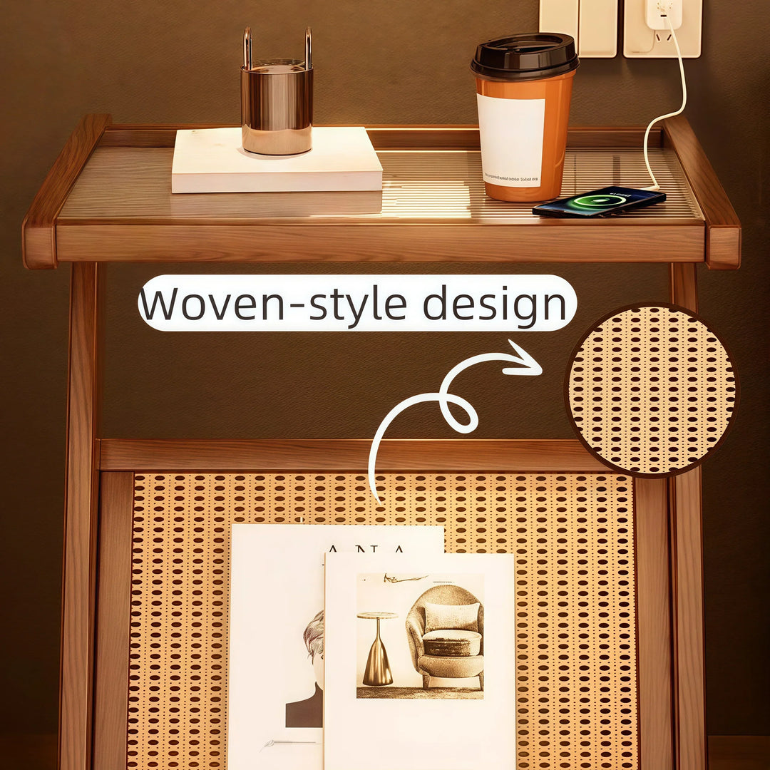 Wooden Glass Top Side Table Faux Rattan Shelf Accent Table