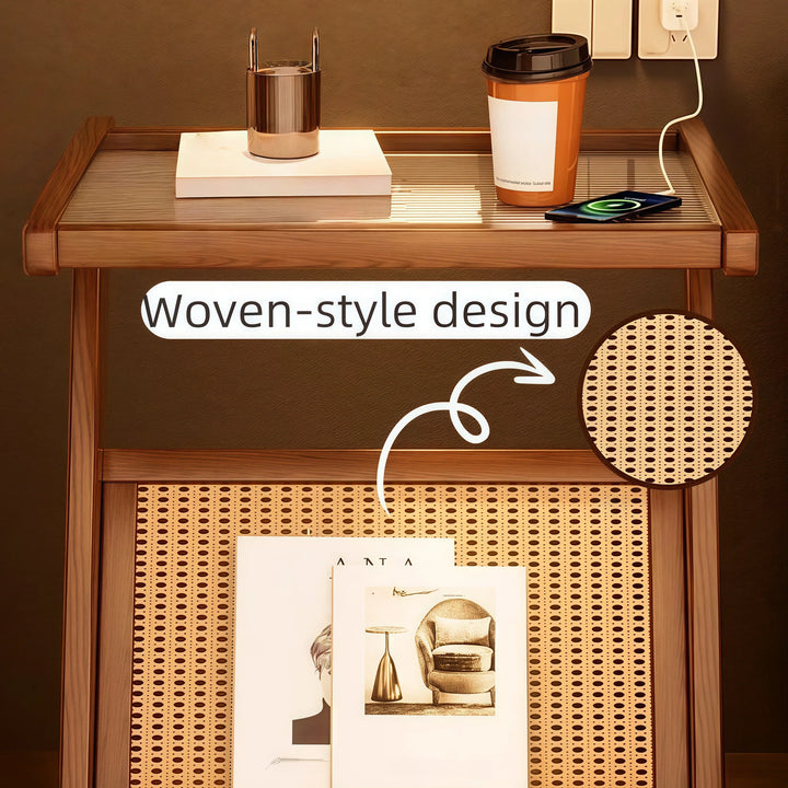 Wooden Glass Top Side Table Faux Rattan Shelf Accent Table